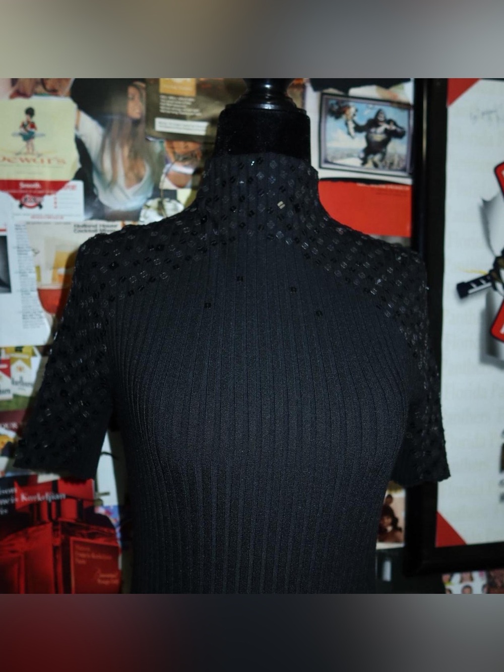Cache Black Ribbed Short-Sleeve Turtleneck Sweater with Embellished Yoke